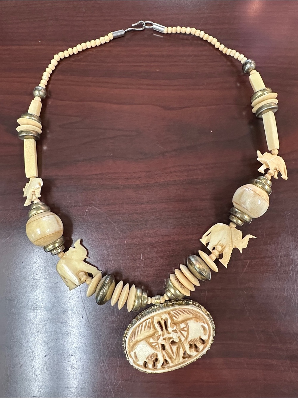Handcrafted Elephant Pendant carved bone Beaded Necklace - safari bohemian
